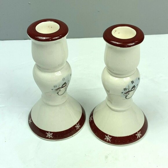 Royal Seasons Stoneware Snowman Candlesticks Taper Candle Holders Red Winter - Picture 5 of 6